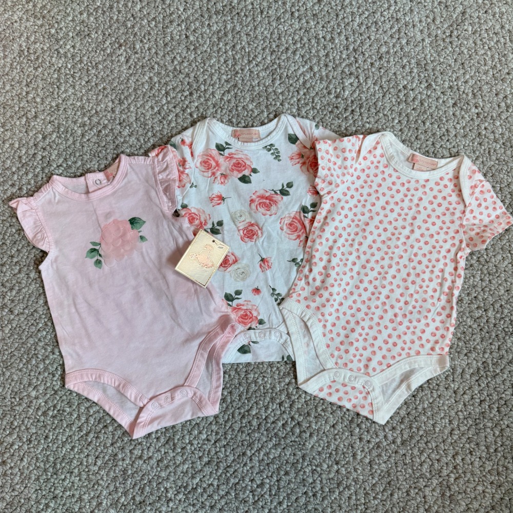 Tutu Couture Baby Girl 3 Pack Bodysuit Set Pink Floral Polka Dot Size 3-6 Months